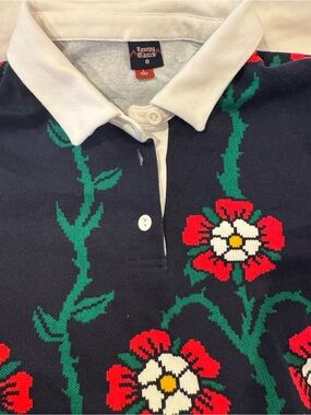 Rowing Blazers Navy crop Polo with Red & Green Floral Knit and White Collar